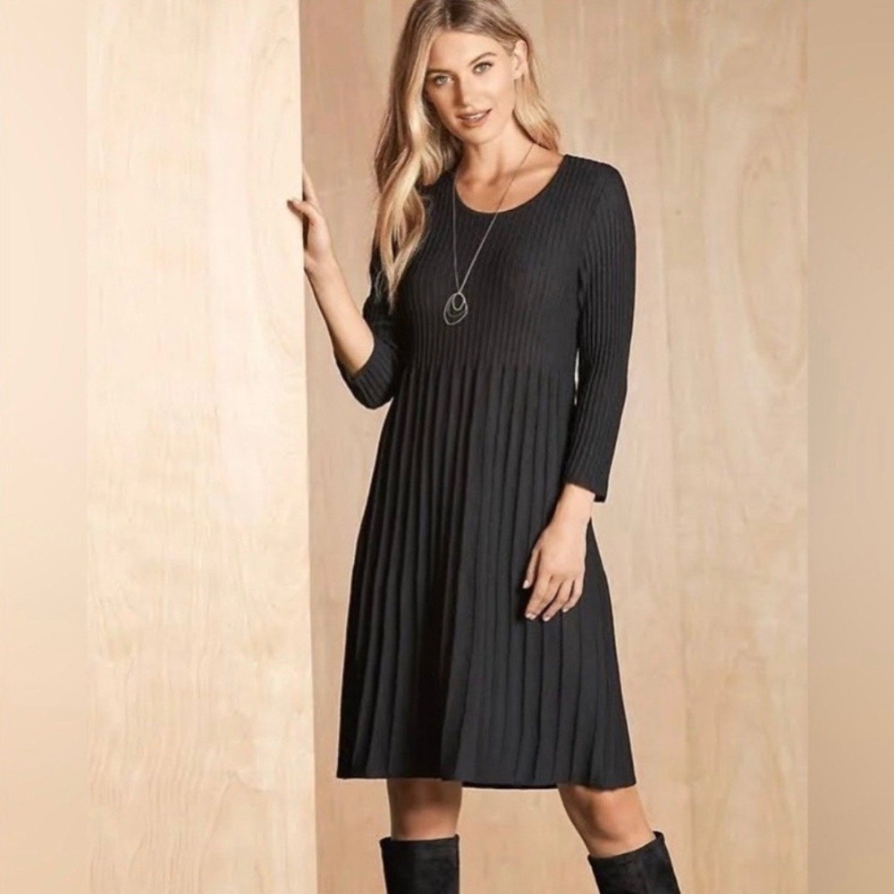 Eileen Fisher Dress L Black Wool Pleated‎ Midi Flare 3/4 Sleeve A-Line